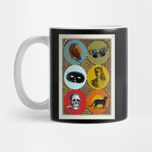 Halloween Signs and Portents Six Symbols - Black Cat, Skull, Mask, Memento Mori, Moth, Crow. Mug